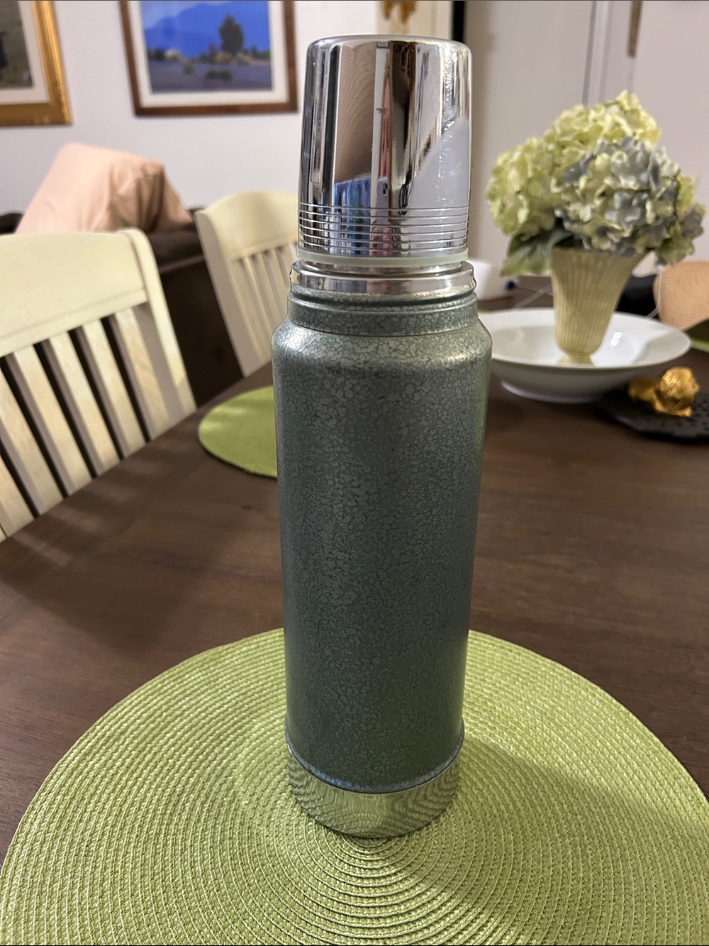 Vintage Stanley Green and Silver Vacuum thermos- Textured Finish thermos